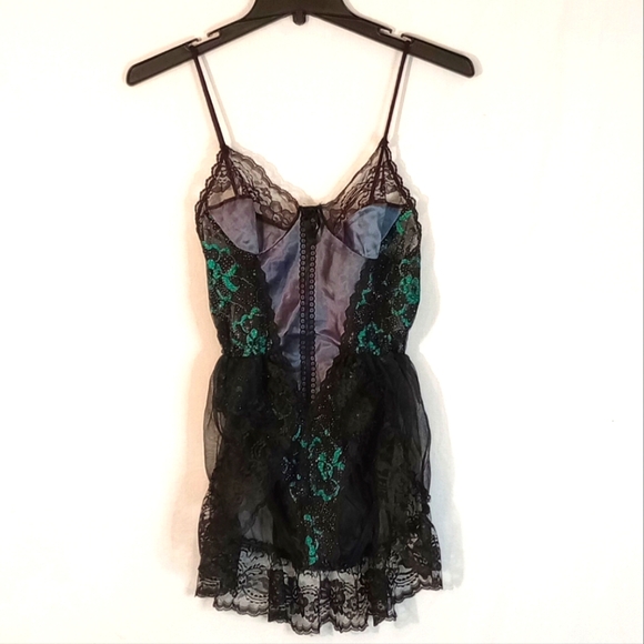 Vintage Nani Flower 80's Nylon lace teddy bodysuit size small green black floral - Picture 2 of 8